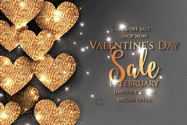 Wedding - Valentine's Day Sale banner with sparkling glitter gold textured hearts, confetti