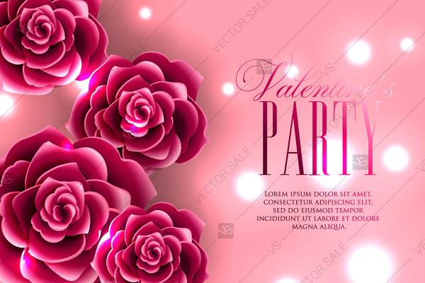 Wedding - Valentine Party invitation vector template Red paper cut rose background