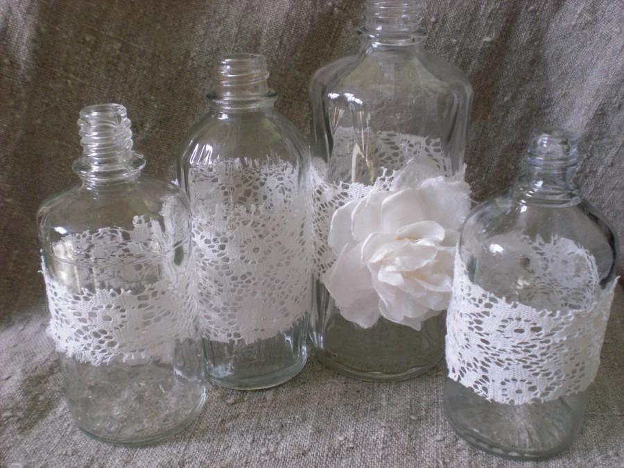 Hochzeit - 4 shabby wedding table centerpiece perfume bottle lace flowers vintage altered bottle flower vase small clear glass 1970s