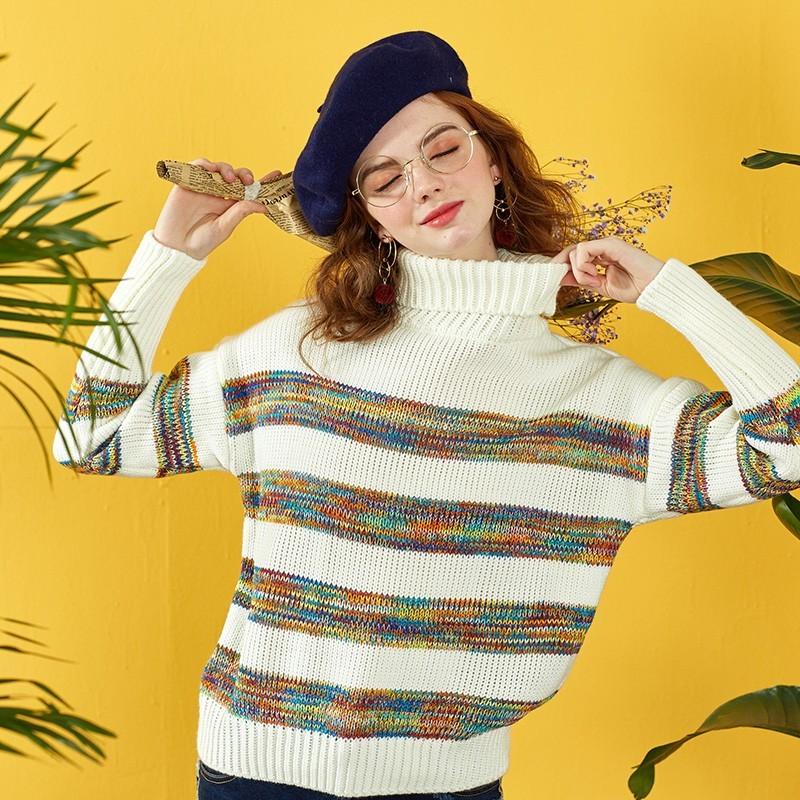 Wedding - Oversized Christmas High Neck Polo Collar Clolored Striped Top Sweater - Bonny YZOZO Boutique Store