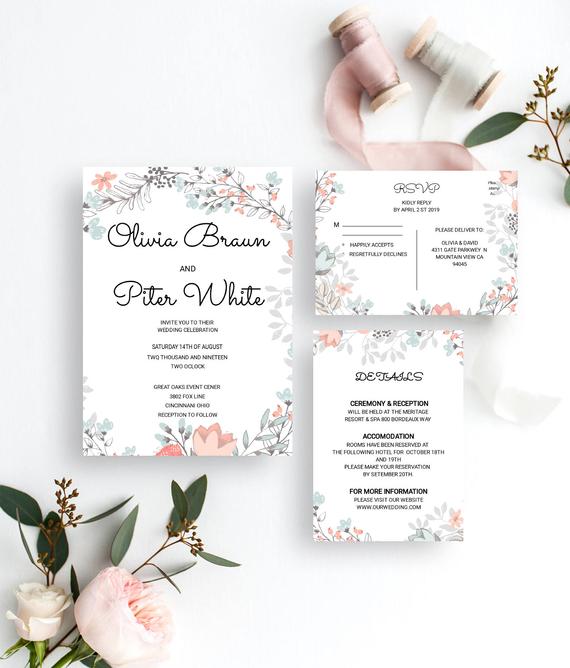 Wedding - Wedding Invitation Set Template Printable Wedding Invitation Suite DIY Templett PDF Instant Download Editable