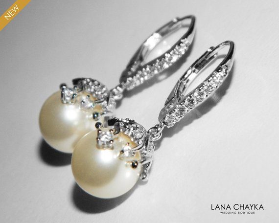 Mariage - Pearl Bridal Earrings, Swarovski 10mm Pearl Silver Earrings, Pearl Leverback Earrings, Wedding Pearl Jewelry, Pearl Drop Silver Earrings