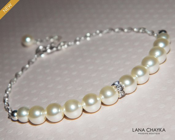 Mariage - Bridal Pearl Bracelet, Swarovski Ivory Pearl 925 Sterling Silver Bracelet, Wedding Pearl Dainty Bracelet, Bridal Bridesmaids Pearl Jewelry