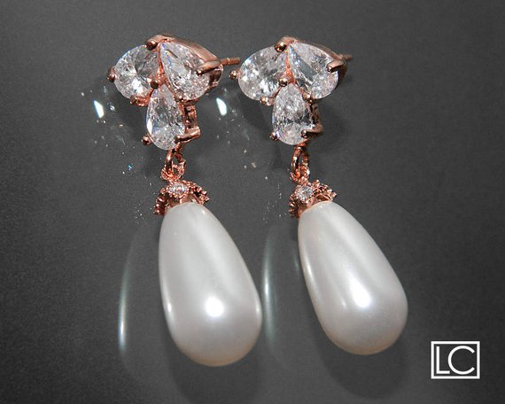 Hochzeit - Wedding White Pearl Rose Gold Earrings, Swarovski White Pearl Rose Gold Earrings, Teardrop Pearl Pink Gold Earrings, Prom Pearl Earrings