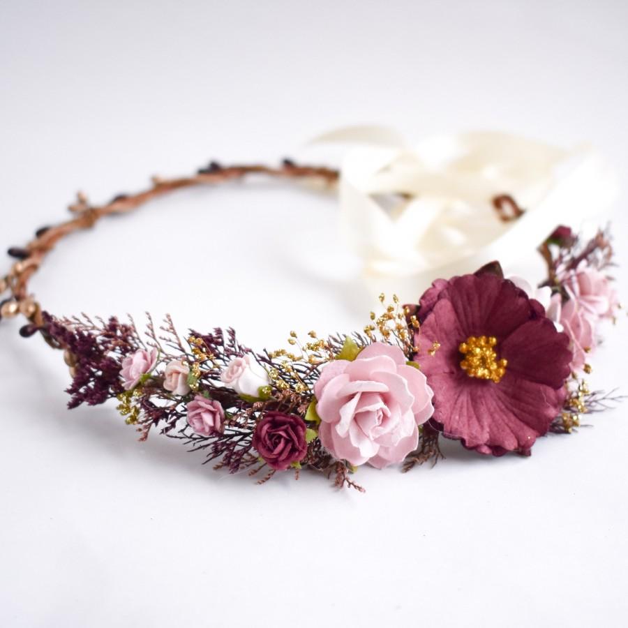 Свадьба - Burgundy and blush flower crown.  Burgundy, blush, and dusty rose bridal headpiece. Burgundy blush flower girl crown. Burgundy hair flowers