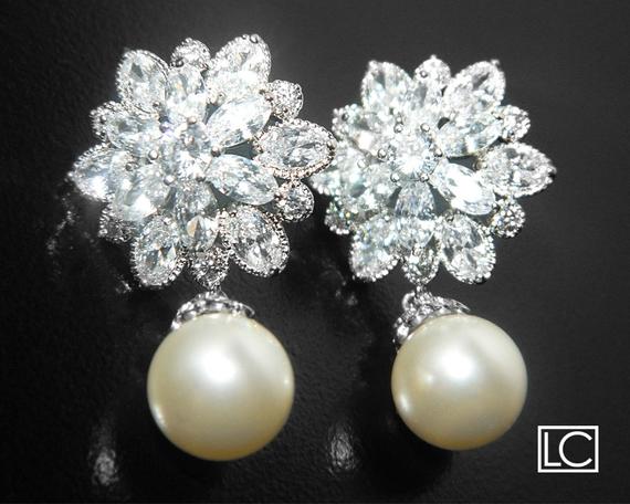 Hochzeit - Pearl Bridal Earrings, Swarovski Ivory Pearl Cubic Zirconia Earrings, Wedding Pearl Earrings, Pearl Bridal Jewelry, Pearl Silver CZ Earrings