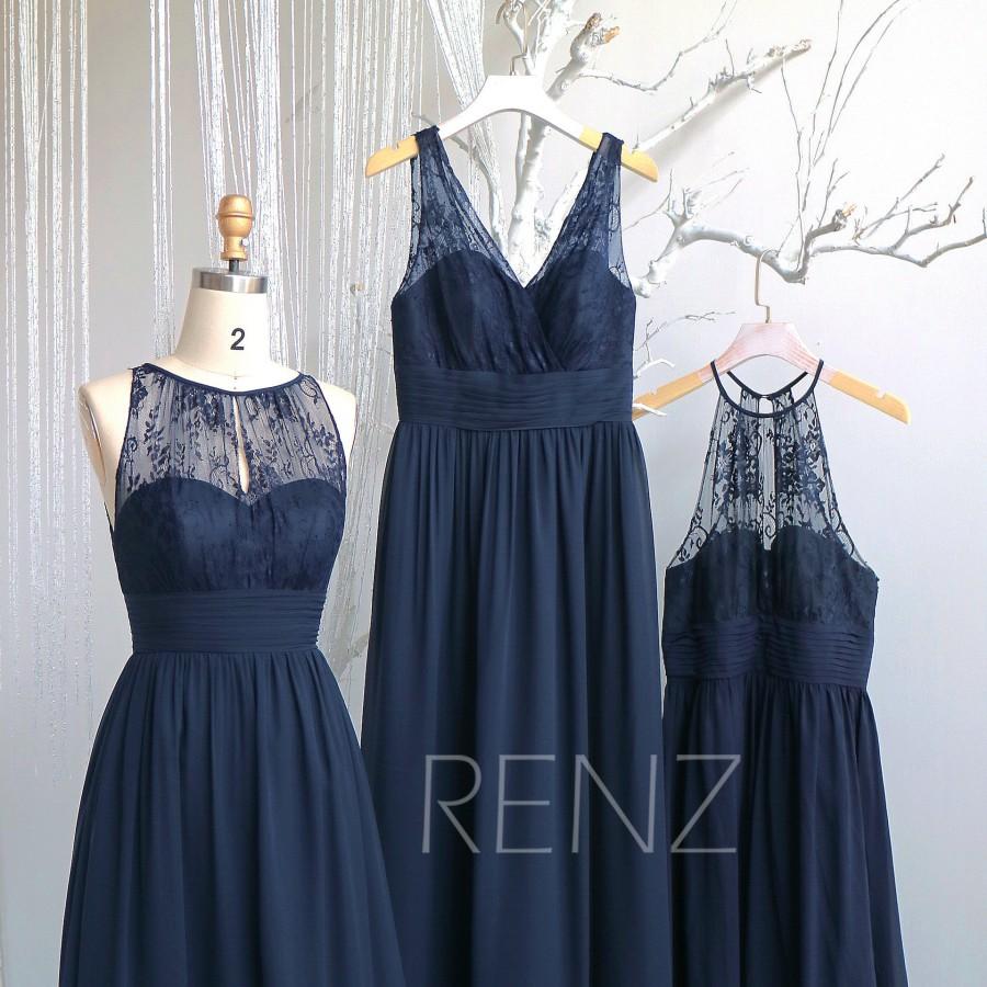 Wedding - Navy Blue Mismatched Bridesmaid Dress,Wedding Dress,Illusion Lace V Neck Chiffon Maxi Dress,A-Line Sleeveless Prom Dress(H685/H686/H516A)