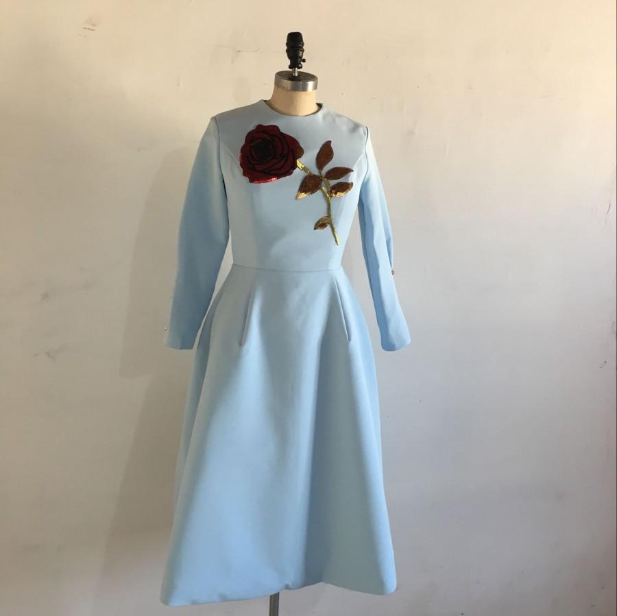 Mariage - Mid-calf Light Blue Satin Mother of Bride Long Sleeves with Embrodiery Flower Attached