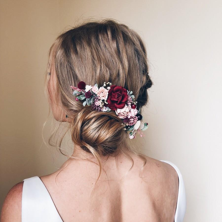 زفاف - Flower hair comb, Burgundy flower hair vine, Flower hair clip, Bridal hair piece, Bridal hair accessories