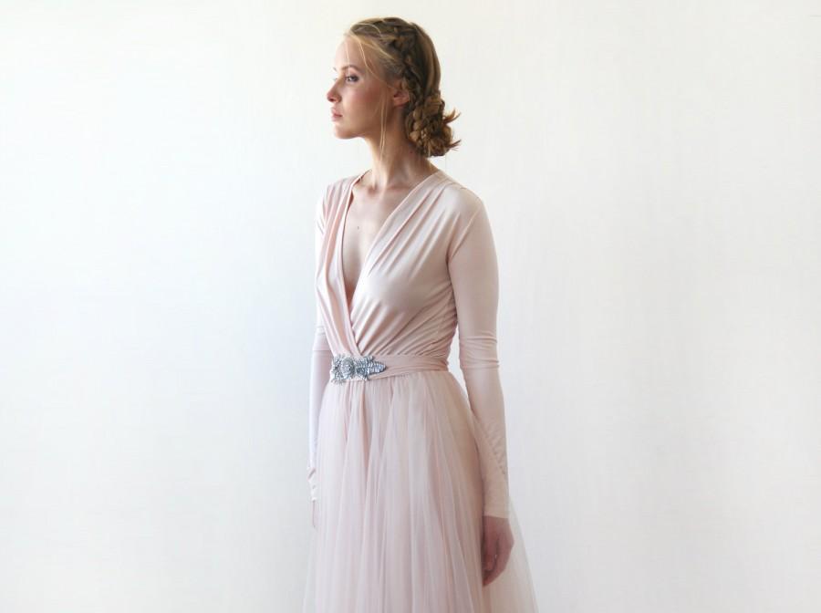 Wedding - Blush Pink Formal Maxi Dress, Wrap Dress With Tulle, Bridesmaids Dress With embellished sash 1204
