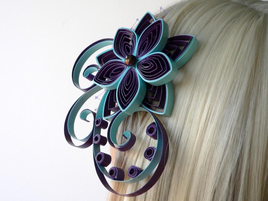 Свадьба - Purple and Blue Lotus Flower Hair Clip with Netting, Amethyst Purple and Blue Hair Pieces for Wedding