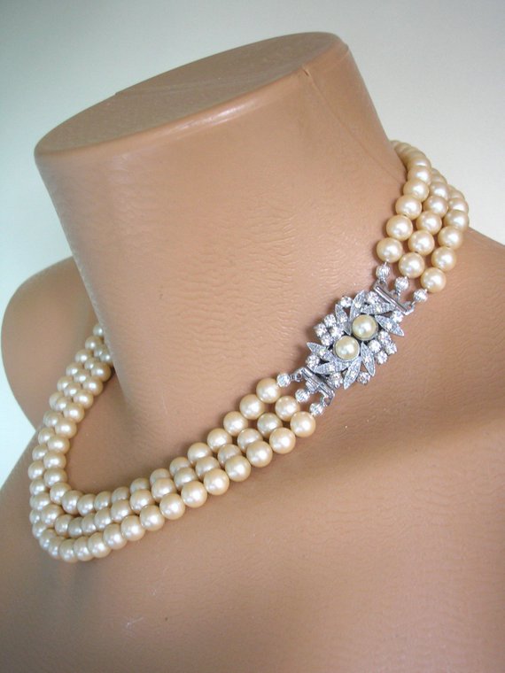 Wedding - Vintage Pearl Choker Necklace, 3 Strand Pearls, Cream Pearls, Pearl Bridal Necklace, Wedding Jewelry, Elizabethan Pearls, Costume Jewelry
