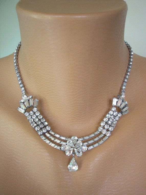Свадьба - Vintage Rhinestone Necklace, Ice Crystal Choker, Baguette Rhinestones, Vintage Bridal Jewelry, Sparkly Necklace, Party Jewellery, 1950s