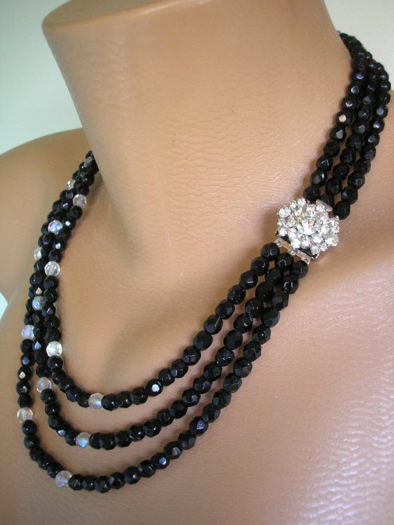 Mariage - French Jet Necklace, Vintage French Jet Choker, Multistrand Beaded Necklace, Black Jewelry, Bridal Jewelry, Art Deco, Downton Abbey