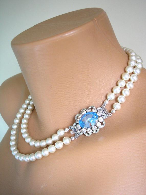 Mariage - Ivory Pearl Necklace, Vintage Pearl Choker, Aquamarine Rhinestone, 2 Strand Pearls, Bridal Pearls, Vintage Wedding, Pearls With Side Clasp