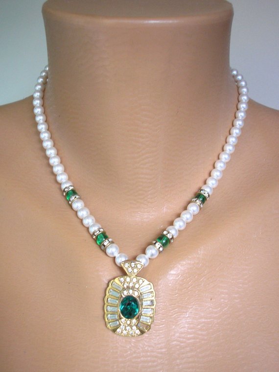 Wedding - Emerald And White Pearl Necklace, Signed SPHINX, Swarovski Elements, Repurposed Vintage Jewelry, White Pearls, Vintage Bridal Pearls