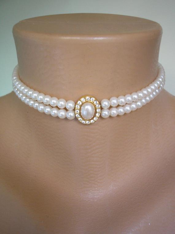 Wedding - Vintage Pearl Choker, Great Gatsby, Pearl Necklace, 2 Strand Pearls, Ivory Pearls, Vintage Wedding, Bridal Choker, Art Deco, Edwardian Style