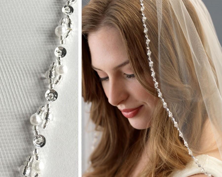 Hochzeit - Pearl & Crystal Wedding Veil, Pearl Bridal Veil, Beaded Veil, Ivory Veil for Bride, Fingertip Length Bridal Veil, 1 Layer Veil ~VB-5062