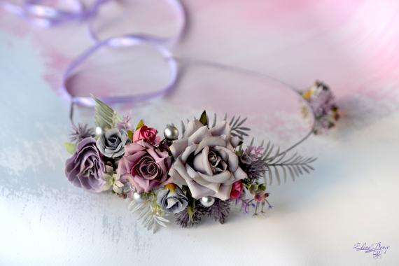 Свадьба - Gray purple flower crown Bridal floral set Wedding crown boutonniere grey silver purple Flower hair wreath Maternity crown bride halo roses