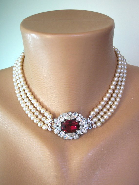 Wedding - Pearl Choker With Ruby Clasp, 3 Strand Pearls, Cream Pearls, Side Clasp, Ruby Wedding Gift, Vintage Refurbished, Indian Bridal Choker, Deco