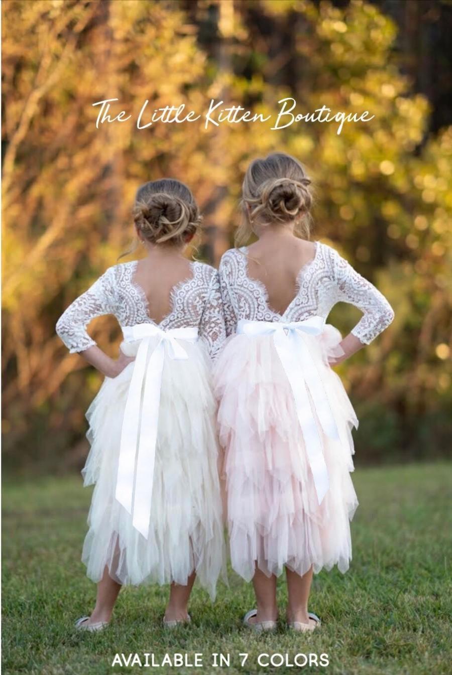 Wedding - Blush pink tulle flower girl dress, White lace flower girl dress, Rustic flower girl dress, Ivory Boho flower girl dress, Toddler dress tutu