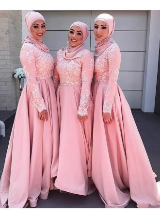 Wedding - Rosa Brautjungfernkleider Lang Ärmel Muslim Satin Kleider Für Brautjungfern Modellnummer: AH-009-BA7770
