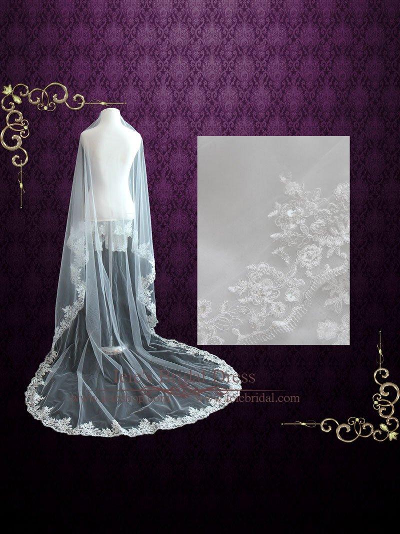 Wedding - Cathedral Veil, Mantilla Veil with Floral Lace Edge, Wedding Veil, Lace Veil, Long Veil 