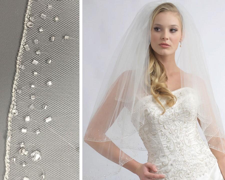 زفاف - Crystal Wedding Veil, Beaded Bridal Veil, 2 Layer Veil, Tulle Veil, White Veil, Ivory Veil, Elbow Length Veil ~VB-405
