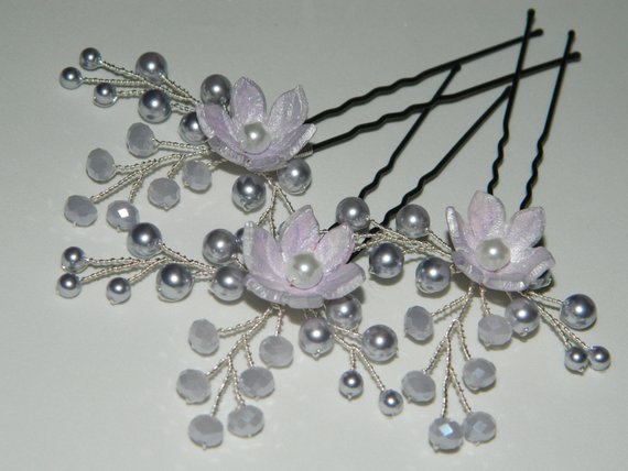 Wedding - Lavender Bridal Hair Pins, Swarovski Lavender Pearl Crystal Hair Pins, Set of 3 Wedding Lilac Floral Hair Pins, Violet Bridal Hair Jewelry
