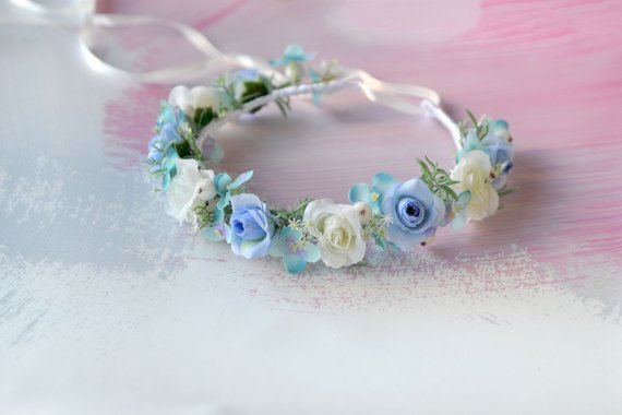 زفاف - Blue flower girl crown Roses headband Wedding flower crown Blue floral crown Bridesmaids headpiece Blue white flower crown