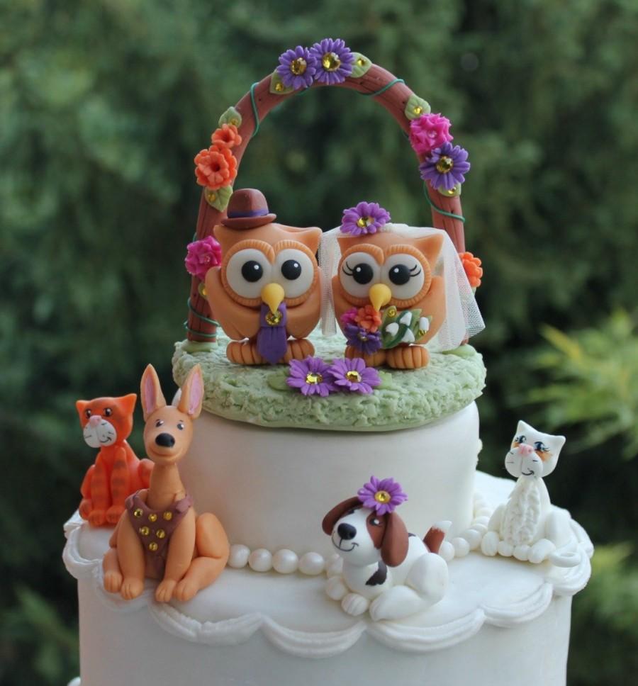 Wedding - Owl wedding cake topper with pets, arch and base, personalized pet cake topper, I do too