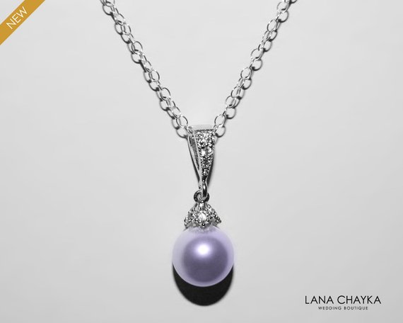Wedding - Lavender Drop Pearl Necklace Lilac Pearl Small Necklace Swarovski 8mm Pearl Sterling Silver Wedding Necklace Lavender Lilac Pearl Jewelry