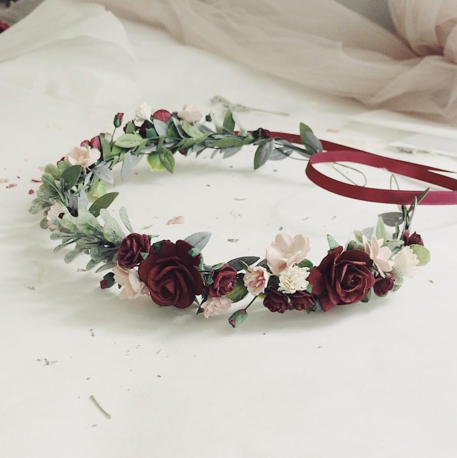 Wedding - Child floral crown, burgundy child greenery crown, flowergirl crown, greenery headband, greenery geadwreath, rustic crown, woodland crown, t