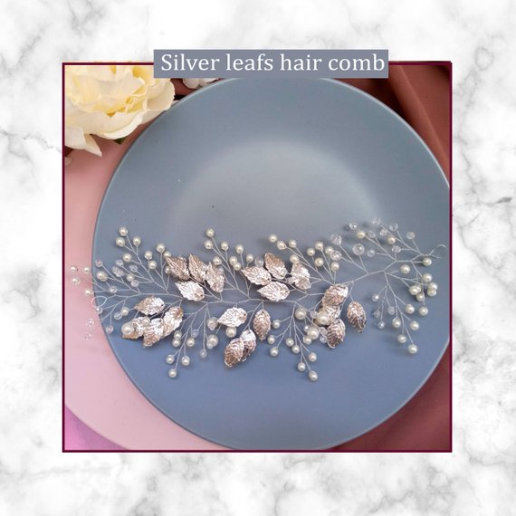 زفاف - silver leaf Hair Vine Bridal Bohemian headpiece Grecian silver hair comb greek haarkamm Silver Wedding Woodland haarschmuck braut