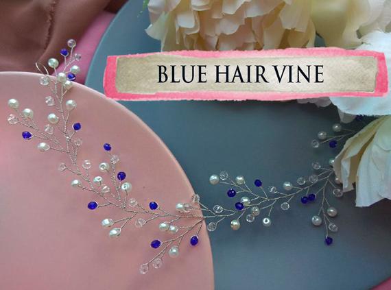 Mariage - Something Blue hair vine for bride Bridal headpiece Braut haarkamm Royal blue wedding hair vine Bohemian bridal headpiece Beach wedding