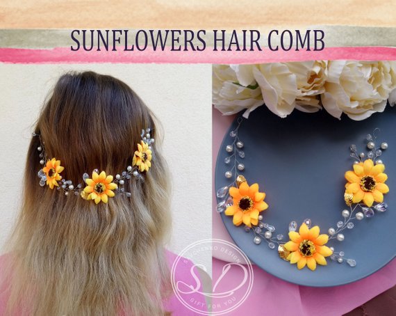 Hochzeit - Large Yellow Sunflower hair vine sunflower flower girl hair piece Headband sunflower barrettes bridal sunflower wedding hair sunflower halo