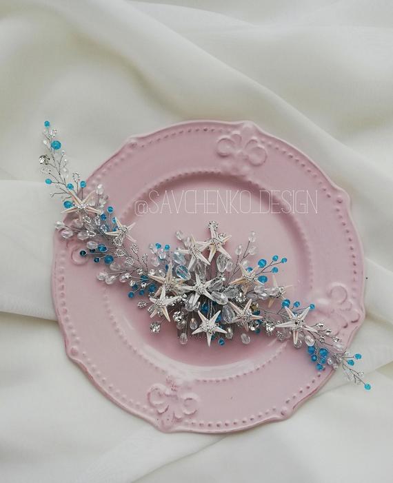Hochzeit - Beach wedding hair accessories Blue Bridesmaids gifts Aqua Blue Starfish Hair clip Mermaid crown Starfish crown seashell hair accessories