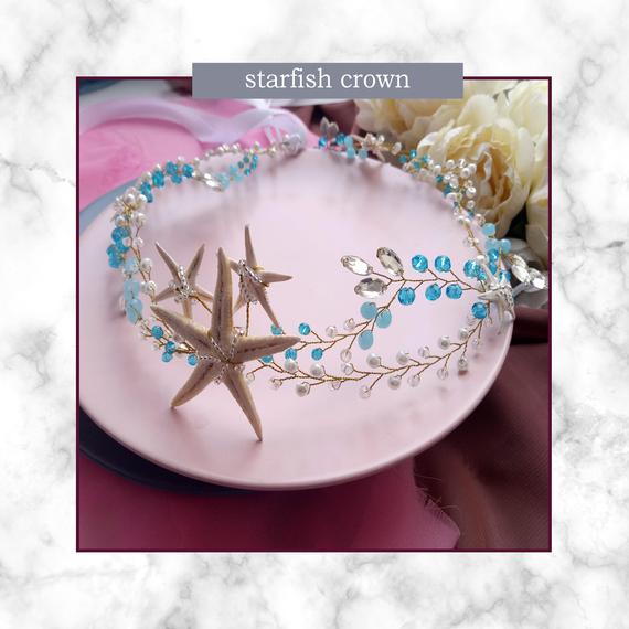 زفاف - Starfish Crown Blue Beach Bridal Hairpiece Mermaid wedding crown Couronne sirene Ocean crowns Haaraccessoires zeester quinceañera cake toppe