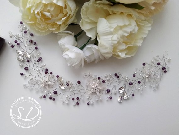 Hochzeit - Purple Little Mermaid Hair Vine Seashell Crown Ariel halo Starfish and Pearl Bridal Head Piece beach wedding hair vine Crystal Beads Wire