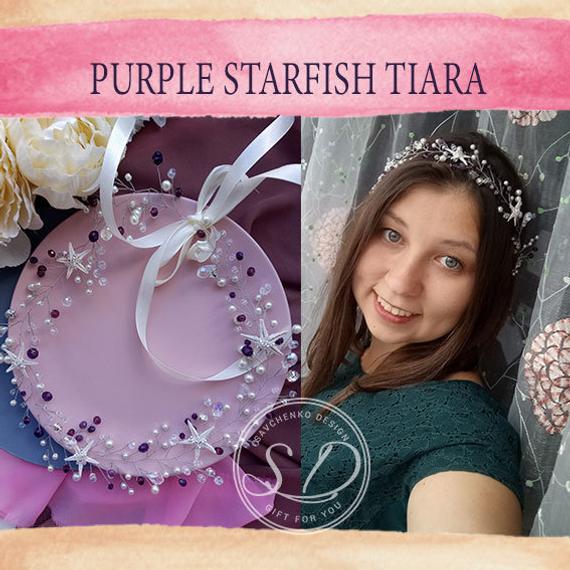Mariage - Purple seashell hair accessories beach wedding wreath on the head of wire bridal crown Ariel The Little Mermaid Tiara Purple Sea Shell