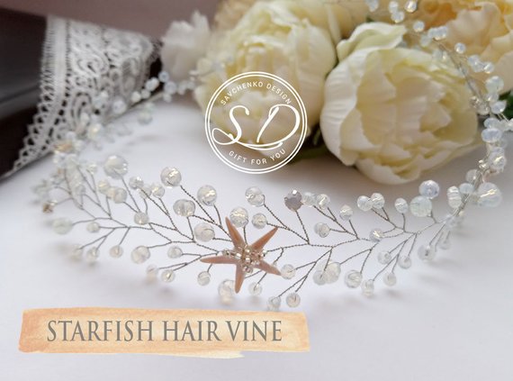 Wedding - Beach Wedding moonstone hair vine with natural starfish hair accessories mermaid crown adult moonstone seashell wedding hair piece rose gold