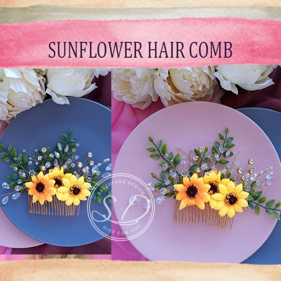 Свадьба - Sunflowers Hair comb Wedding hair accessories Sun Flower Hair Piece Bridesmaids Gift Large sunflower Fall Wedding Comb Flower Girl Hair Clip