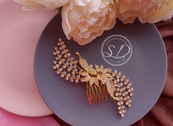 Wedding - Bridal Comb with Metal gold Leafs Hair Piece Bohemian bridal headpiece Bridal Hair Comb Floral Hair Comb Back of the Hair Metal Flower hair