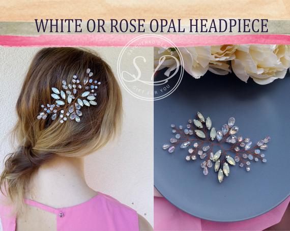 Hochzeit - Wedding rose gold opal headpiece crystal bridal halo White delicate headpiece with Opal accessories braut haarschmuck Moonstone hair comb