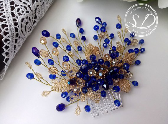 Hochzeit - Something blue for bride Blue Wedding Hair Comb Bridal boho jewelry Gold wedding jewelry Antique gold jewelry decorative comb Royal Blue