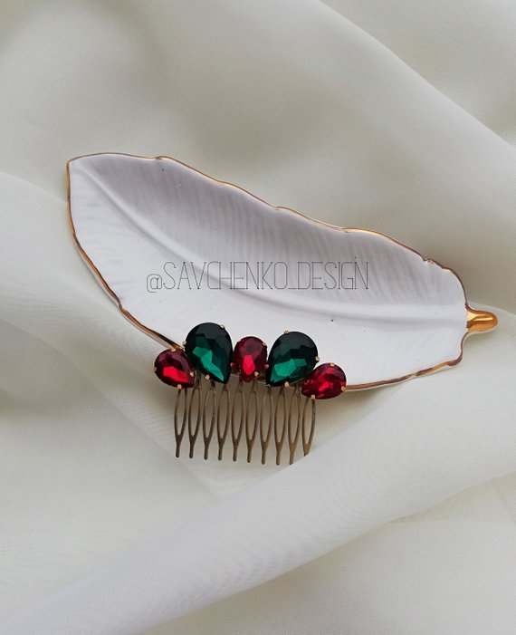Mariage - Red green crystal hair comb