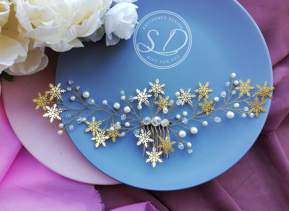 Mariage - snowflake hair comb fold or silver Bridal Hair Accessories winter wedding party headpiece Winter snowflake Bridal Headpiece garland Clip