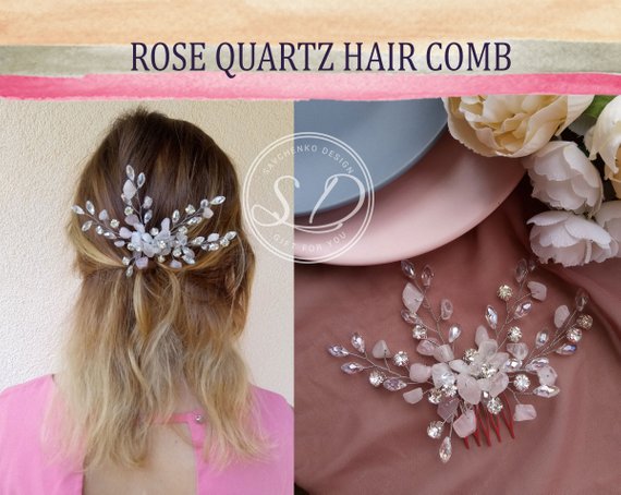Hochzeit - Rose Quartz Hair Comb raw crystal quartz headpiece bridal blush hair comb Pink Hairpiece Boho Tocado novia Bridal hair vine peigne à cheveux
