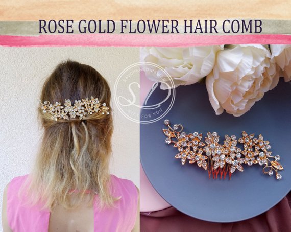 Wedding - SALE! Rose Gold Bridal Hair Comb Rose gold flower comb Gold Leaf Headpiece Rose Gold Metal Flower Comb Gold Statement Hair Comb for bride