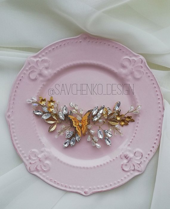 زفاف - Gold Butterfly Comb Bohemian metal Headpiece Butterfly Hair Jewelry Metal Flower and Butterfly Bride Bridesmaid Flowergirl Brass Haircomb